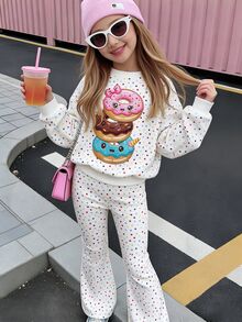 Toddler Girls Cartoon Donut Sweatshirt & Colorful Polka Dot Flared Pants Set, White (2 Pcs) Fall Winter - Multicolor - View 3