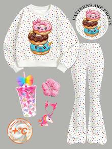 Toddler Girls Cartoon Donut Sweatshirt & Colorful Polka Dot Flared Pants Set, White (2 Pcs) Fall Winter - Multicolor - View 6