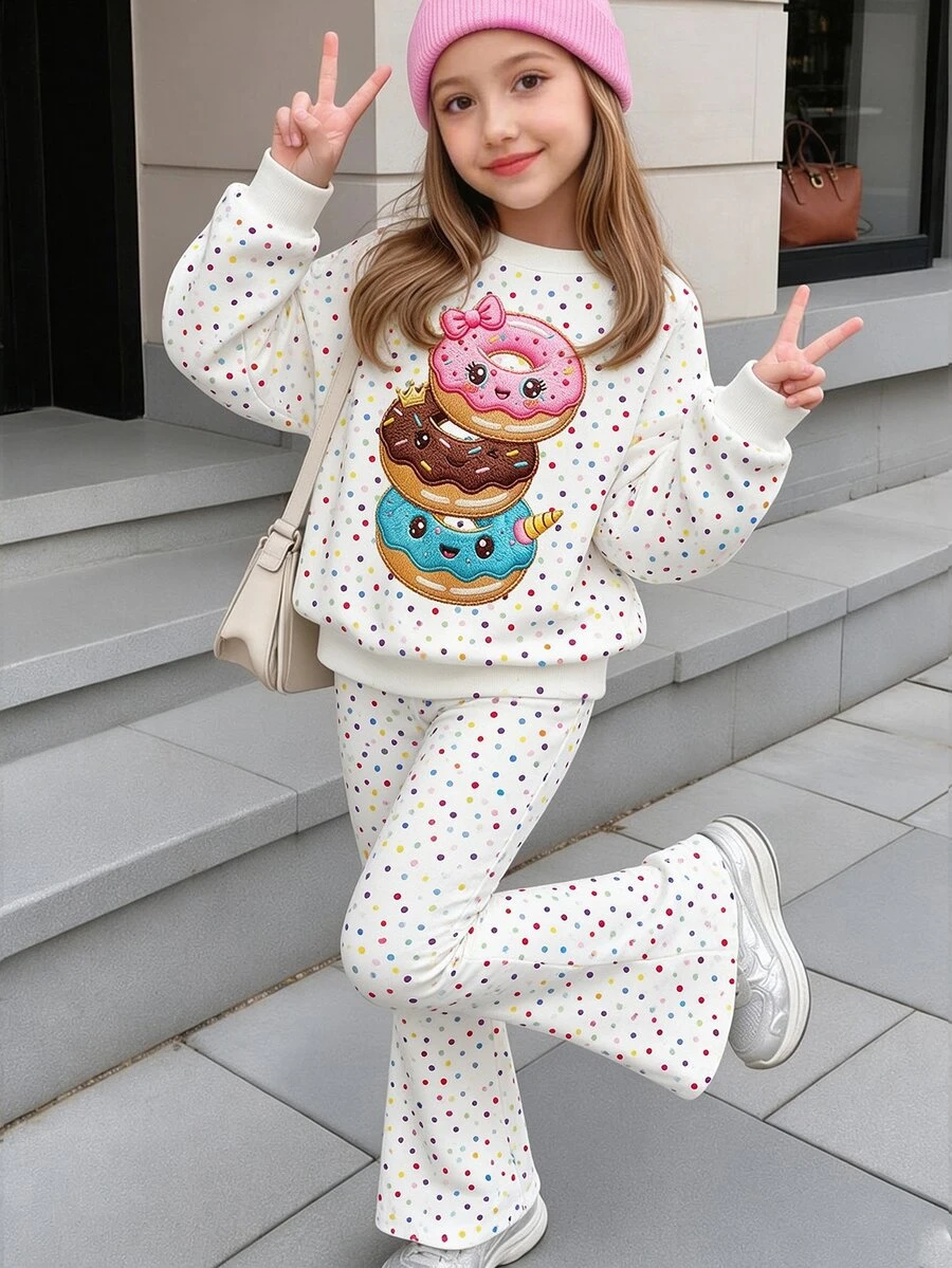 Toddler Girls Cartoon Donut Sweatshirt & Colorful Polka Dot Flared Pants Set, White (2 Pcs) Fall Winter - Multicolor - View 1