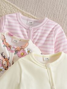 3 Pack Baby Girls Footed Rompers Cute Elegant Pink White Yellow Deer Floral Stripe Bow Long Sleeve Round Neck Regular Holiday Fall Pull Set - Apricot - View 8