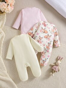 3 Pack Baby Girls Footed Rompers Cute Elegant Pink White Yellow Deer Floral Stripe Bow Long Sleeve Round Neck Regular Holiday Fall Pull Set - Apricot - View 2