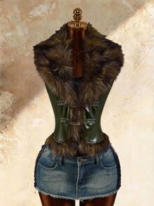 Amplova Women's Faux Fur Vest With Buckle Design - Green - View 8
