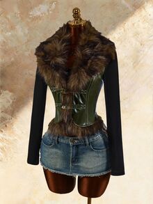 Amplova Women's Faux Fur Vest With Buckle Design - Green - View 4