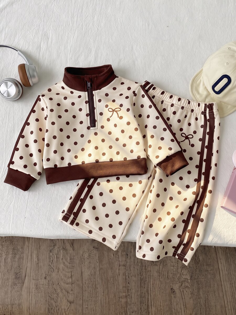 SHEIN 2件組嬰兒套裝,極簡休閒風,波點印花搭配蝴蝶結刺繡,半拉鍊立領長袖上衣,對比色滾邊,配套寬腿褲,時尚穿搭,適合日常外出與休閒穿著,適用秋冬季節 - 彩色 - 查看 1