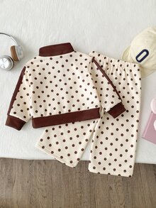 SHEIN 2件組嬰兒套裝，極簡休閒風，波點印花搭配蝴蝶結刺繡，半拉鍊立領長袖上衣，對比色滾邊，配套寬腿褲，時尚穿搭，適合日常外出與休閒穿著，適用秋冬季節 - 彩色 - 查看 2