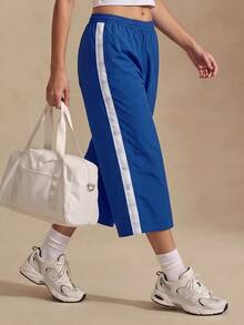 Glamine Foldover Waist Stripe Detail Straight Leg Trousers Pants Spring Summer Holiday Vacation Coolgirl Everyday Casual Streetstyle Fall Autumn - Blue - View 4