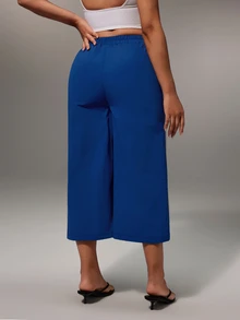 Glamine Foldover Waist Stripe Detail Straight Leg Trousers Pants Spring Summer Holiday Vacation Coolgirl Everyday Casual Streetstyle Fall Autumn - Blue - View 2