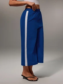Glamine Foldover Waist Stripe Detail Straight Leg Trousers Pants Spring Summer Holiday Vacation Coolgirl Everyday Casual Streetstyle Fall Autumn - Blue - View 1