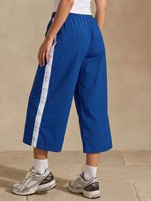 Glamine Foldover Waist Stripe Detail Straight Leg Trousers Pants Spring Summer Holiday Vacation Coolgirl Everyday Casual Streetstyle Fall Autumn - Blue - View 5