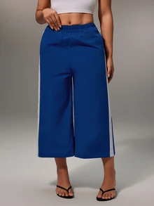 Glamine Foldover Waist Stripe Detail Straight Leg Trousers Pants Spring Summer Holiday Vacation Coolgirl Everyday Casual Streetstyle Fall Autumn - Blue - View 8