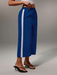 Glamine Foldover Waist Stripe Detail Straight Leg Trousers Pants Spring Summer Holiday Vacation Coolgirl Everyday Casual Streetstyle Fall Autumn - Blue - View 7