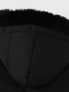 SHEIN Souflis 1pc Toddler Boy Girl Puffer Jacket Cute Elegant Solid Black Faux Fur Trim Quilted Padded Long Sleeve Hooded Thick Winter Fall Holiday Zipped - Black - View 9