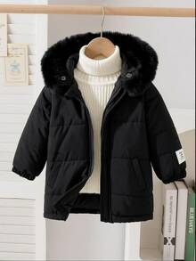 SHEIN Souflis 1pc Toddler Boy Girl Puffer Jacket Cute Elegant Solid Black Faux Fur Trim Quilted Padded Long Sleeve Hooded Thick Winter Fall Holiday Zipped - Black - View 10