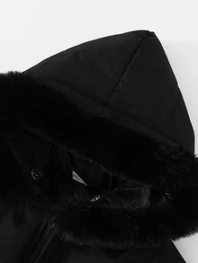 SHEIN Souflis 1pc Toddler Boy Girl Puffer Jacket Cute Elegant Solid Black Faux Fur Trim Quilted Padded Long Sleeve Hooded Thick Winter Fall Holiday Zipped - Black - View 5