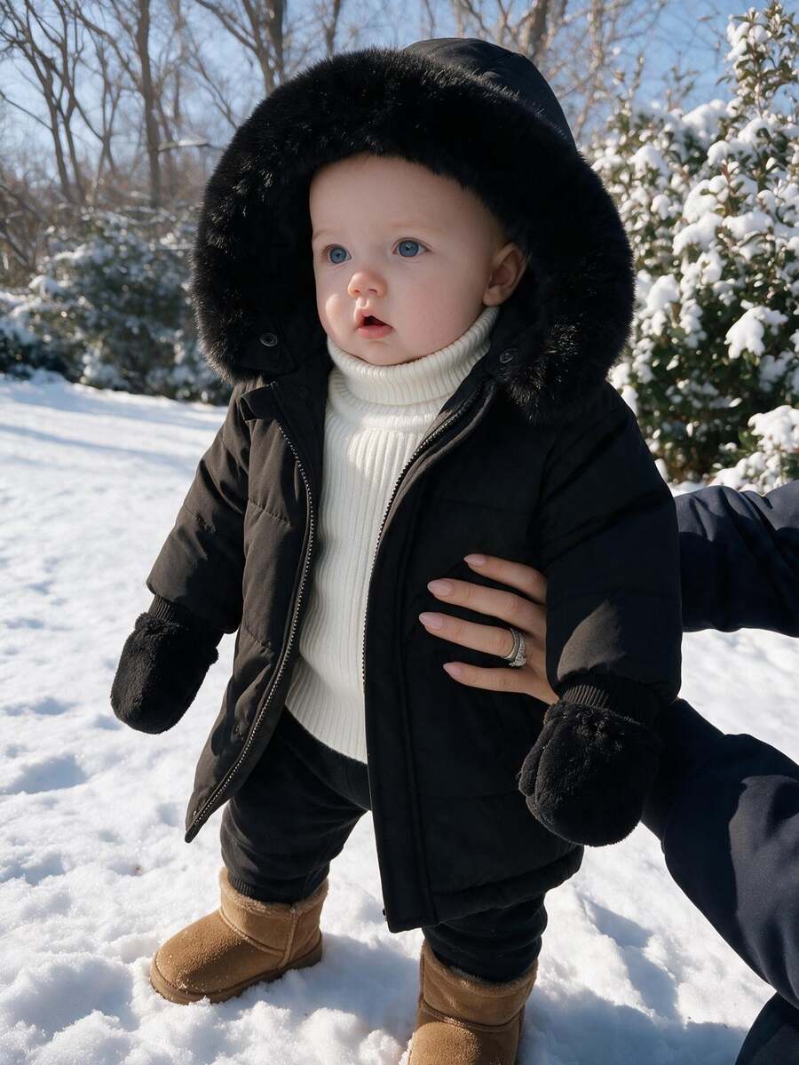 SHEIN Souflis 1pc Toddler Boy Girl Puffer Jacket Cute Elegant Solid Black Faux Fur Trim Quilted Padded Long Sleeve Hooded Thick Winter Fall Holiday Zipped - Black - View 1