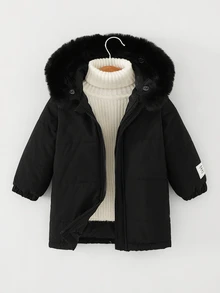 SHEIN Souflis 1pc Toddler Boy Girl Puffer Jacket Cute Elegant Solid Black Faux Fur Trim Quilted Padded Long Sleeve Hooded Thick Winter Fall Holiday Zipped - Black - View 8