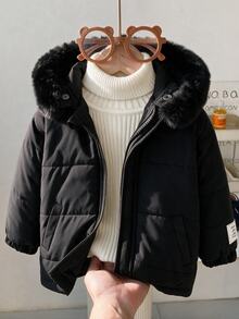 SHEIN Souflis 1pc Toddler Boy Girl Puffer Jacket Cute Elegant Solid Black Faux Fur Trim Quilted Padded Long Sleeve Hooded Thick Winter Fall Holiday Zipped - Black - View 3