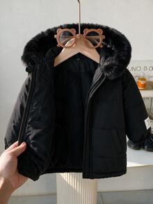 SHEIN Souflis 1pc Toddler Boy Girl Puffer Jacket Cute Elegant Solid Black Faux Fur Trim Quilted Padded Long Sleeve Hooded Thick Winter Fall Holiday Zipped - Black - View 4