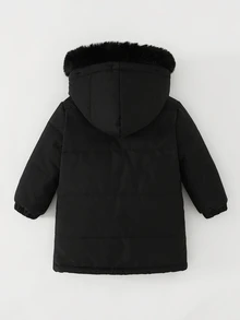 SHEIN Souflis 1pc Toddler Boy Girl Puffer Jacket Cute Elegant Solid Black Faux Fur Trim Quilted Padded Long Sleeve Hooded Thick Winter Fall Holiday Zipped - Black - View 2