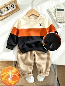 Souflis Souflis 2件組幼兒男童運動衫長褲套裝 學院風 橘色黑色 馬刺刺繡 配色拼接 長袖圓領 加厚 戶外 秋冬節日條紋 - 卡其色 - 查看 8