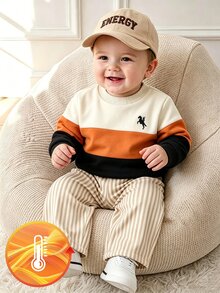 Souflis Souflis 2件組幼兒男童運動衫長褲套裝 學院風 橘色黑色 馬刺刺繡 配色拼接 長袖圓領 加厚 戶外 秋冬節日條紋 - 卡其色 - 查看 11