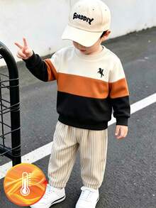 Souflis Souflis 2件組幼兒男童運動衫長褲套裝 學院風 橘色黑色 馬刺刺繡 配色拼接 長袖圓領 加厚 戶外 秋冬節日條紋 - 卡其色 - 查看 12