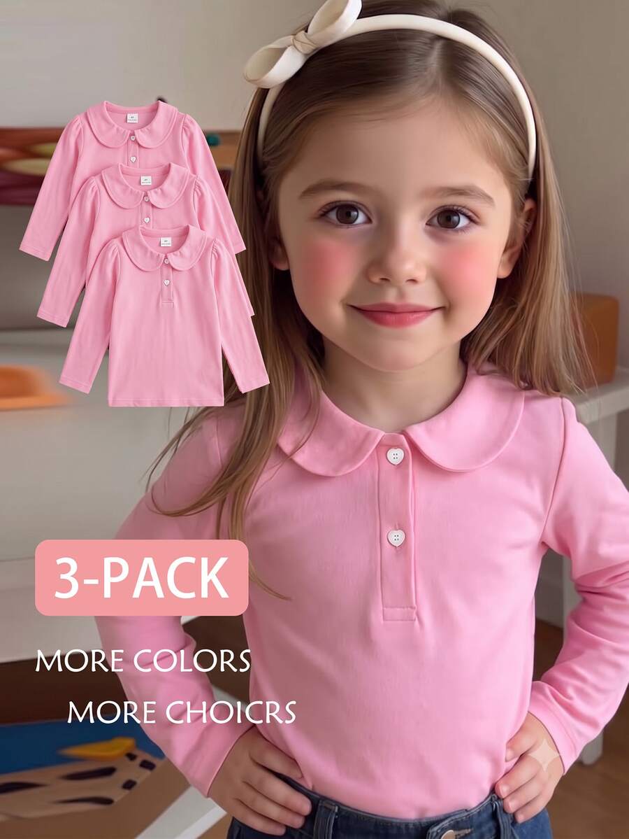 Elladie kids 女童 3件組長袖 Polo 衫,彼得潘領精緻愛心鈕扣,長袖 T 恤,基本純色修身 T 恤,適合返校季 - 粉色 - 查看 1