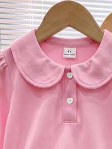 Elladie kids 女童 3件組長袖 Polo 衫，彼得潘領精緻愛心鈕扣，長袖 T 恤，基本純色修身 T 恤，適合返校季 - 粉色 - 查看 3
