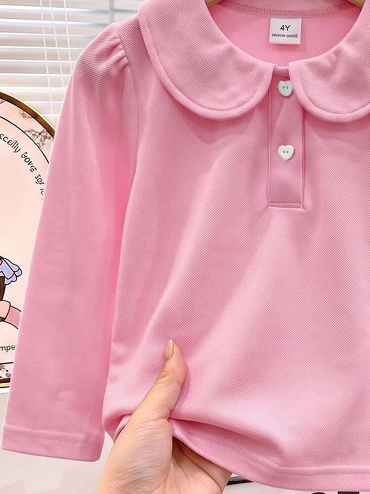 Elladie kids Young Girls 3pcs/Set Long Sleeve Polo Shirts, Peter Pan Collar Delicate Heart Button, Long Sleeve T-Shirts, Basic Solid Color Fitted T-Shirts, Suitable For Back To School Season - Pink - View 6