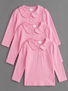 Elladie kids 女童 3件組長袖 Polo 衫，彼得潘領精緻愛心鈕扣，長袖 T 恤，基本純色修身 T 恤，適合返校季 - 粉色 - 查看 4
