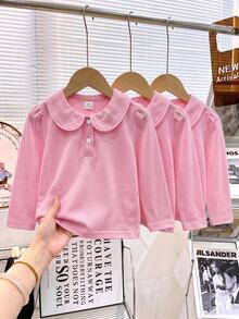 Elladie kids 女童 3件組長袖 Polo 衫，彼得潘領精緻愛心鈕扣，長袖 T 恤，基本純色修身 T 恤，適合返校季 - 粉色 - 查看 7