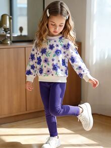 Young Girls 2 Piece Set Autumn White Floral Print Long Sleeve Sweatshirt Pullover Top With Rib Knit Leggings Graphic T Shirt Fall 7th Birthday Baby - Mauve Purple - View 8