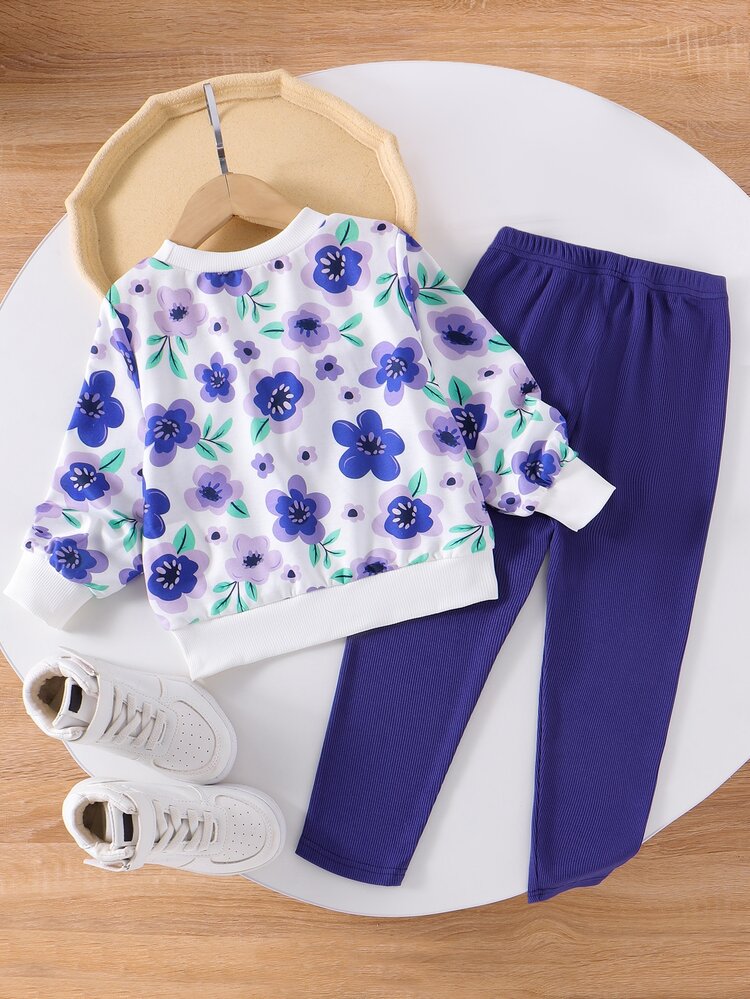 Young Girls 2 Piece Set Autumn White Floral Print Long Sleeve Sweatshirt Pullover Top With Rib Knit Leggings Graphic T Shirt Fall 7th Birthday Baby - Mauve Purple - View 2