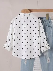 SHEIN Elladie kids Girls White Polka Dot Print, Fresh And Lightweight Design, Girls Blouse, Collared Long Sleeve Loose Casual Shirt,Autumn Casual Shirt Back To School - White - View 2