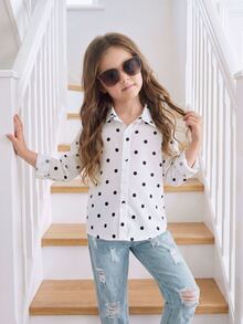 SHEIN Elladie kids Girls White Polka Dot Print, Fresh And Lightweight Design, Girls Blouse, Collared Long Sleeve Loose Casual Shirt,Autumn Casual Shirt Back To School - White - View 3