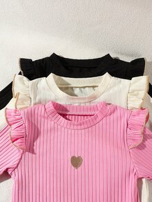 3件組女童秋冬短袖內搭衫，百搭圓領刺繡愛心長袖T恤上衣，黑色、嬰兒粉、白色，牛仔女孩風 - 彩色 - 查看 6