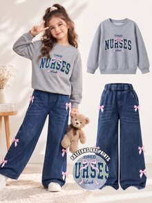 SHEIN Tween Girls T-Shirt Set, Light Gray + Denim Jeans, Short Sleeve Top + Long Pants 2 Pieces Set, Loose Fit, Warm For Autumn/Winter, Fashionable & Versatile, Casual, Collar, Round Neck, Daily, Cute, Print, Bow, Comfortable, Striped - Multicolor - View 2