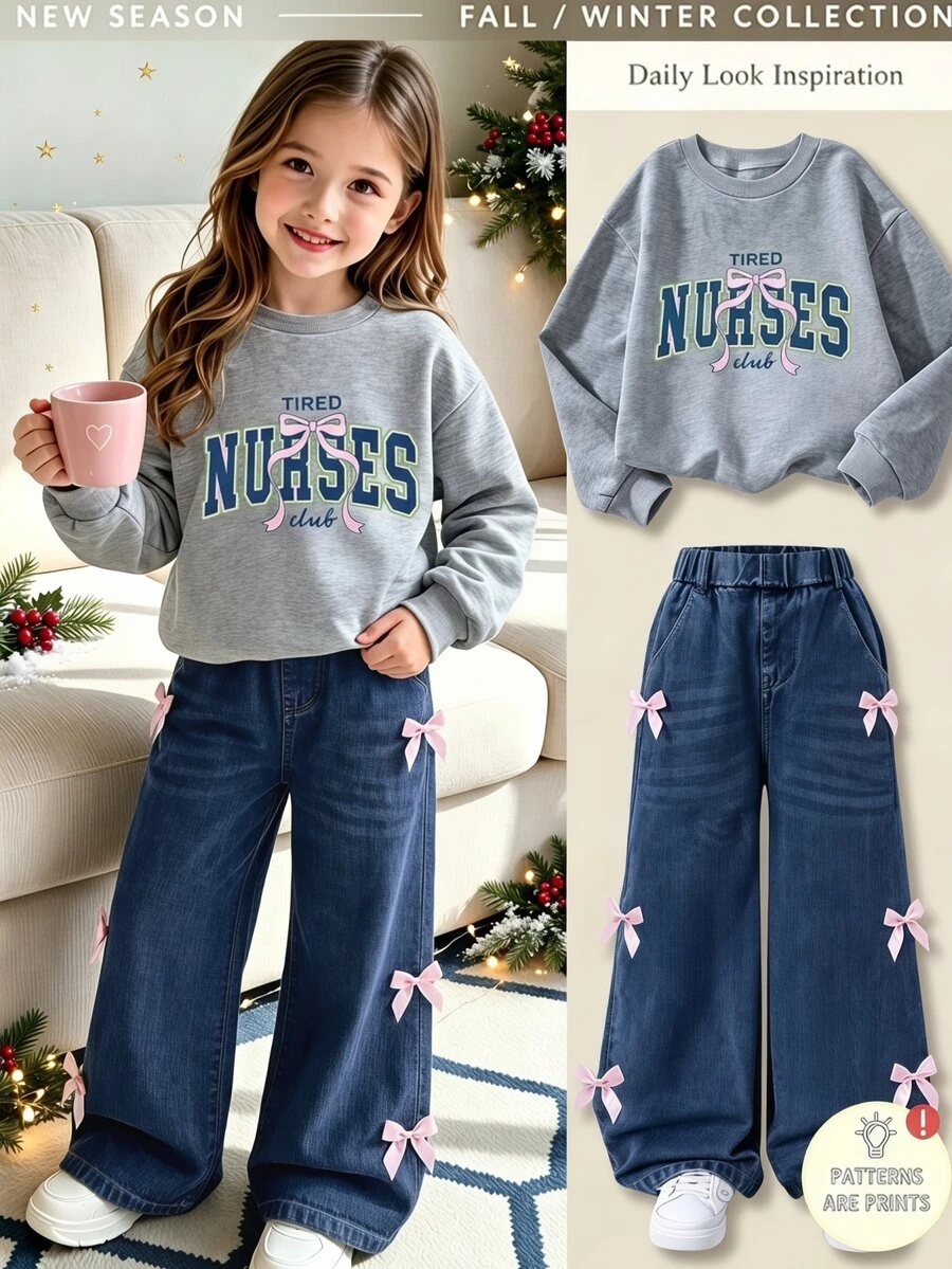 SHEIN 少女 T-shirt 套裝,淺灰色 + 牛仔長褲,短袖上衣 + 長褲 2 件套,寬鬆版型,秋冬保暖,時尚百搭,休閒,領口,圓領,日常,可愛,印花,蝴蝶結,舒適,條紋 - 彩色 - 查看 1