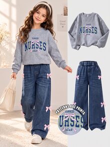SHEIN Tween Girls T-Shirt Set, Light Gray + Denim Jeans, Short Sleeve Top + Long Pants 2 Pieces Set, Loose Fit, Warm For Autumn/Winter, Fashionable & Versatile, Casual, Collar, Round Neck, Daily, Cute, Print, Bow, Comfortable, Striped - Multicolor - View 4