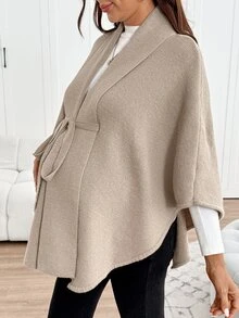 SHEIN Maternity Grey Shawl-Style Tie-Front Knit Cardigan, Solid Color Waist Knot Batwing Sleeve, Autumn Winter Formal Vacation Casual Elegant - Camel - View 3