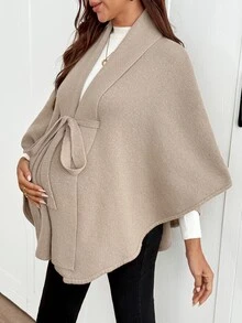 SHEIN Maternity Grey Shawl-Style Tie-Front Knit Cardigan, Solid Color Waist Knot Batwing Sleeve, Autumn Winter Formal Vacation Casual Elegant - Camel - View 4