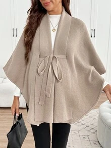 SHEIN Maternity Grey Shawl-Style Tie-Front Knit Cardigan, Solid Color Waist Knot Batwing Sleeve, Autumn Winter Formal Vacation Casual Elegant - Camel - View 7