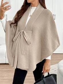 SHEIN Maternity Grey Shawl-Style Tie-Front Knit Cardigan, Solid Color Waist Knot Batwing Sleeve, Autumn Winter Formal Vacation Casual Elegant - Camel - View 8