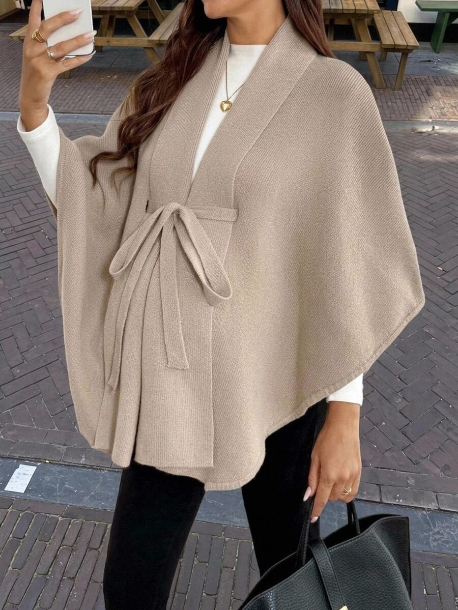 SHEIN Maternity Grey Shawl-Style Tie-Front Knit Cardigan, Solid Color Waist Knot Batwing Sleeve, Autumn Winter Formal Vacation Casual Elegant - Camel - View 1