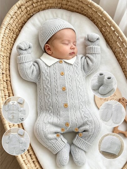 Infant Light Gray Cable Knit Turn-Down Collar Romper Set, Color Block Peter Pan Collar, Front Full Button Design, Matching Knit Hat, Scratch-Proof Gloves, Baby Knit Shoes And Socks, Newborn Full Month, Newborn Baby Gift Set, British Style Baby Knit Set
