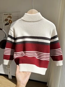 SHEIN Genkimix Kids 男嬰條紋拼色半鈕扣針織毛衣 長袖休閒日常款 秋冬時尚 適合外出旅行上學 - 彩色 - 查看 2