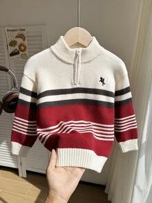 SHEIN Genkimix Kids 男嬰條紋拼色半鈕扣針織毛衣 長袖休閒日常款 秋冬時尚 適合外出旅行上學 - 彩色 - 查看 7