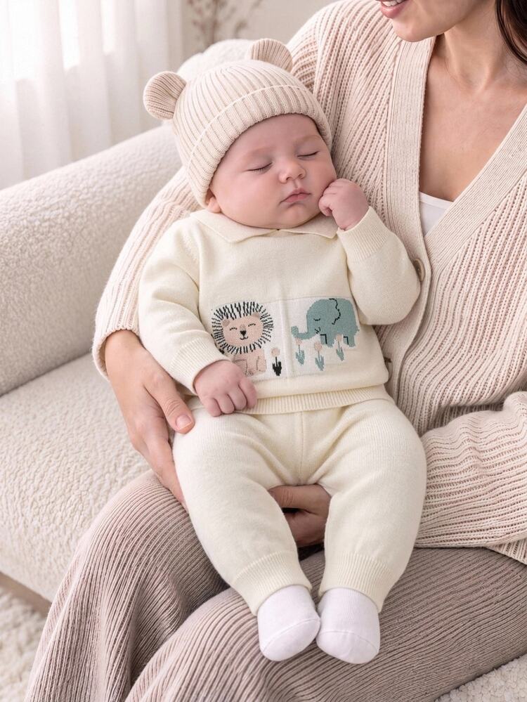 SHEIN Playful Pals Baby Boys Sweater Co-Ords, Fashionable Cute Versatile Pullover POLO Collar Back Button Knit Cartoon Long Sleeve Top + Knit Long Pants 2 Pieces Set, Soft And Comfortable, Suitable For Spring And Autumn, Daily Wear, Outings, Travel And Vacation - Beige - View 3