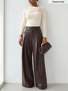 Zivah Women's Fashion Hot Girl PU Material Button Pleated Long Pants - Brown - View 10