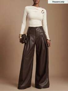 Zivah Women's Fashion Hot Girl PU Material Button Pleated Long Pants - Brown - View 8